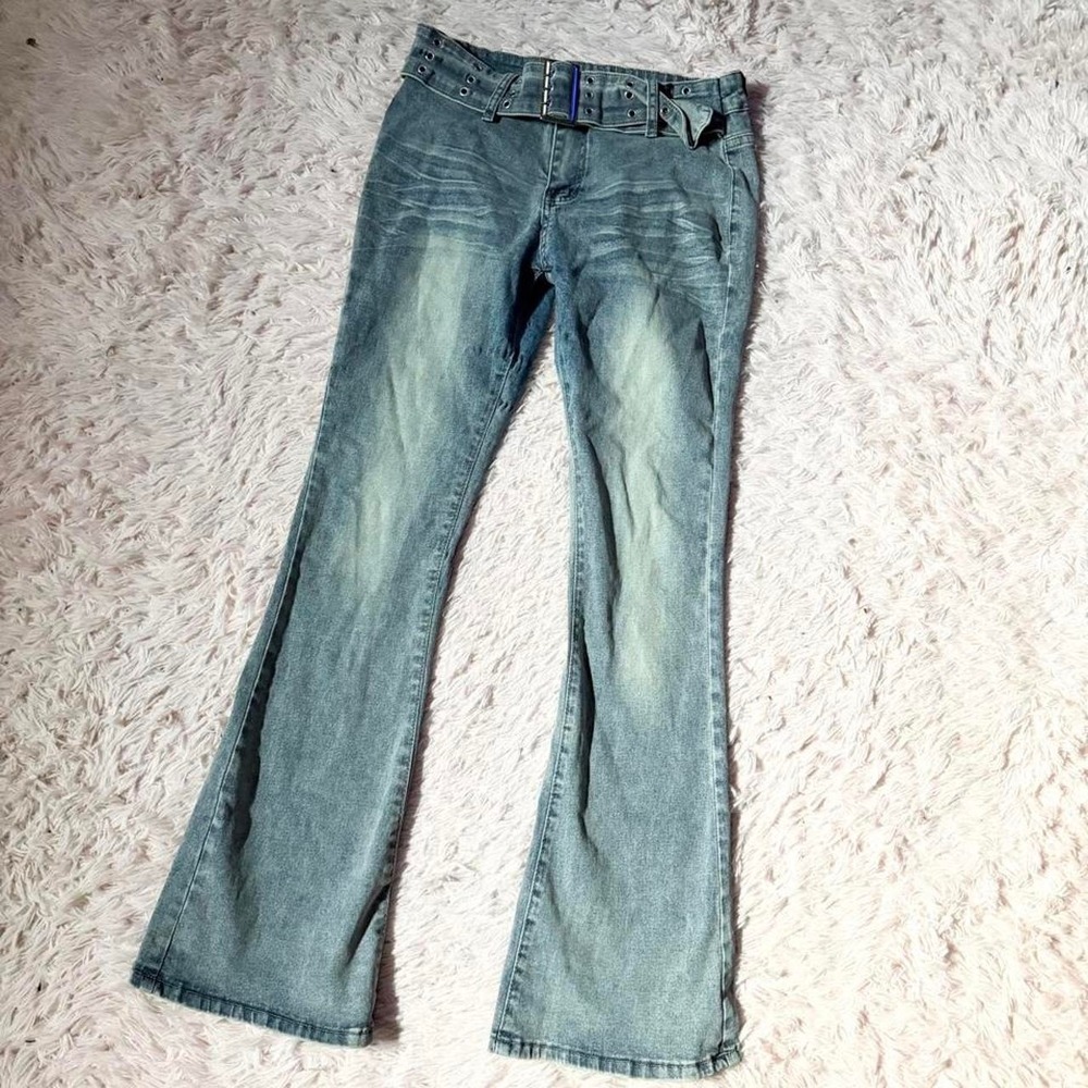 Y2K Low Rise Retro McBling Edgy Light Wash Chunky Belt Flare Jeans Womens 11